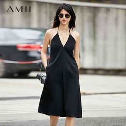 Minimalism Summer Fashion Black Dress Women Streetwear Solid Vneck Slim Fit Women's Chiffon Party 11792677 210527