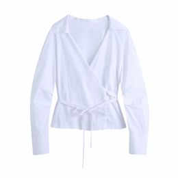 Fashion Women Cross V Neck Wrap Shirt Female White Long Sleeve Blouse Casual Lady Loose Tops Blusas S8750 210430