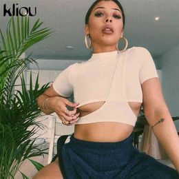 Kliou Classic Sexy Solid Black White O-Neck Short Sleeve T-Shirt Tee Strip Hollow Out Short Casual Tees Crop Tops 210722