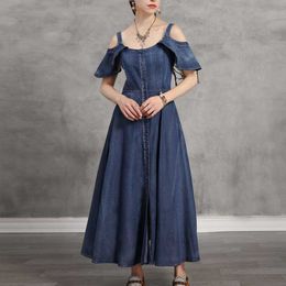 Silm Waist Camisole Denim Dresses for Women Vintage Shoulder Strapless Elegant Office Lady Vestidos Summer 210525