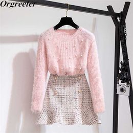 Autumn Spring Fashion Two Piece Set Women Beaded Pullover Sweater and Plaid Tweed Mermaid Skirt Set Soft Mohair Knitted Set 211108
