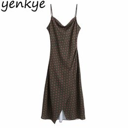 Fashion Women Vintage Polka Dot Slip Dress Sexy Backless Sleeveless Ruching Hem Slits Sling Long Dresses Night Out Vestido 210514