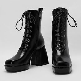 Big Size 43 Hoof High Heels Woman Shoes Shoelaces Zipper Platform Elegant Fashion Office Lady Brand Design Ankle Boots