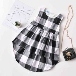 Children Summer Baby Girls' Clothing Black White Plaid Short Front Long Back Fashion Kids Girls Dress 210515