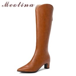 Meotina Western Boots Women Shoes Zip High Heel Knee-High Boots Pointed Toe Block Heels Female Long Boots Autumn Beige Size 210608