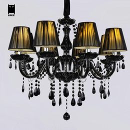 Chandeliers 6/8/10 Modern Black Glass Fabric Shade K9 Crystal Chandelier Light Fixture Luxury LED Candle Hanging Lamp Luminaria Lustre Avize