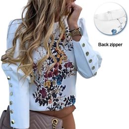 Floral Printed Puff Sleeve Shirts Letter Tops Metal Button Detail Fashion Casual Blouse Office Ladies Blouse Female D20 210317