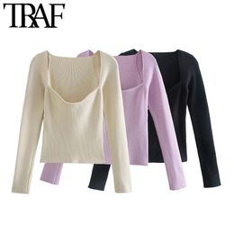 TRAF Women Fashion Sweetheart Neck Cropped Knitted Sweater Vintage Long Sleeve Fitted Female Pullovers Chic Tops 210812