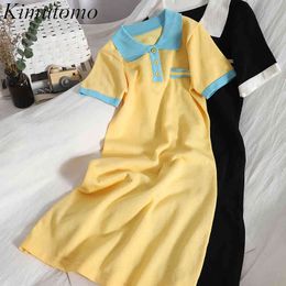 Kimutomo Casual Knitted Mini Dress Women Colour Contrast Turn-down Collar Breasted Short Sleeve Robe Female Elegant Vestidos 210521