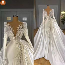 2022 Luxury Pearls Mermaid Wedding Dresses with Overskirt V Neck Satin Long Sleeve Bridal Gowns Elegant Wedding Dress robes de wjy591
