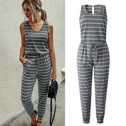 Casual Stripe Print Jumpsuits Women Summer O Neck Sleeveless Belt Slim Overalls Lace Up Pocket Playsuits Female Long Romper 210526