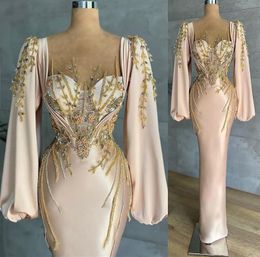 Aso Ebi 2021 Arabic Plus Size Beaded Lace Sexy Prom Dresses Sheer Neck Long Sleeves Evening Formal Party Second Reception Bridesmaid Gowns Dress ZJ134