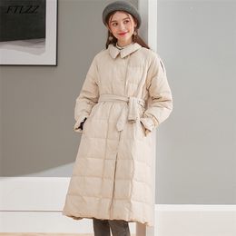 Winter Beige Women Turn Down Collar Single Breasted White Duck Long Parkas with Belt Loose Snow Coat Outwear 210430