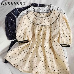 Kimutomo Fashion Contrast Colour Blouse Women Shoulder Button O Neck Puff Short Sleeve Polka Dot Shirt Summer Elegant 210521