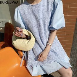 Korejpaa Women Dress Korean Chic French Temperament O-collar Lace Hollow Hook Flower Tie Stitched Bubble Sleeve Vestido 210526