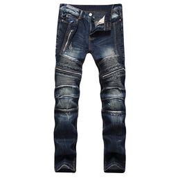 New Men Vintage Slim Fit Straight Biker Jeans Multiple zipper Pleated stitching Male streetwear Hip Hop Motorcycle Denim pants X0621