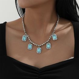 Luxury Rhinestone Chocker Necklace For Women Blue Pink Crystal Cuban Pendant Necklaces Bridal Wedding Jewelry Accessories