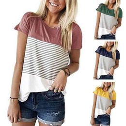 Women Stripe Tops Lady Fashion Three-color Stitching Short Sleeve Clothes Summer O-Neck T-Shirt 210720