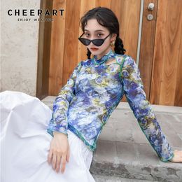 Hollow Out Mesh Top Long Sleeve T Shirt See Through Floral Print Tshirt Women Tee Ladies Tops Korean Style 210427