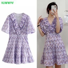 Purple Print Ruffle Woman Dresses Summer Vintage Short Puff Sleeve Party Mini Dress Women Gathered Waist Vestidos 210430