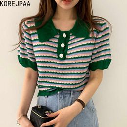 Korejpaa Women T-Shirt Summer Korean Chic Western Style Lapel Three Buttons All-Match Puff Sleeve Colour Striped Pullovers 210526