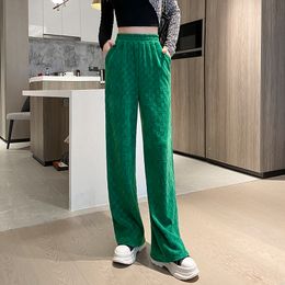 New women's high elastic waist velvet fabric thickening warm chessboard plaid grid jacquard loose wide leg long pants trousers SMLXL