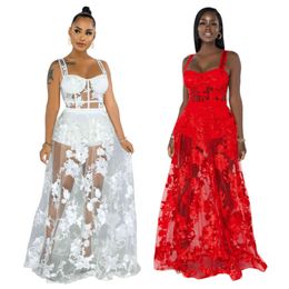 White Sexy Playsuits And Embroidered Mesh Skirt Fashion Matching Two Piece Suit Women ClubWear 2 Piece Red Birthday Party Outfit 211116