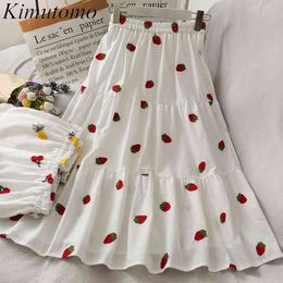 Kimutomo Sweet Wind Skirt Girls Strawberry Embroidery Stitching Women Loose High Waist Thin A-line Skirts Elegant 210521