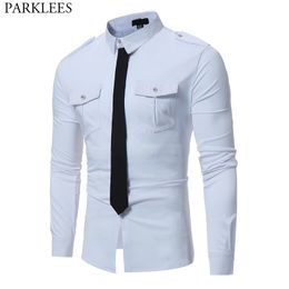 Double Pocket White Shirts Men Brand Military Style Long Sleeve Chemise Homme Casual Slim Fit Hit Color Camisa Social 210522