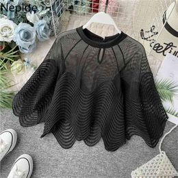 Neploe Hollow-out Perspective Lace Shirt Summer Flare Sleeve O-neck Blouse Wave Embroidery Korean Chic Top Blusas 53630 210323