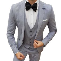 Slim Fit Casual Men Suits with Notched Lapel Grey Groom Tuxedo for Wedding 3 Piece Male Fashion Costume Jacket Pants Vest 2021 X0909