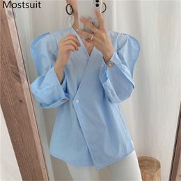 Autumn Korean Fashion Women Blouses Shirts Puff Sleeve V-neck One-button Stylish Tops Solid Office Ladies Blusas Femme 210513