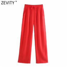 Zevity Women Simply Solid Color Pockets Patch Casual Straight Pants Female Chic Elastic Waist Lace Up Summer Long Trousers P1129 210721