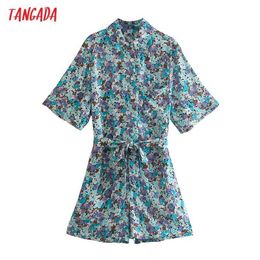 Tangada Fashion Women Flowers Print Summer Playsuit Backless Short Sleeve Buttons Female Casual Playsuit 5Z235 210609