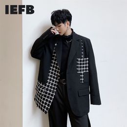 IEFB Oversize Loose black paid patchwork suit coat men's Asymmetric janpanese streetwear fashion blazer Jacket autum 9Y347 210524