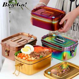 Lunch Bento Box Sealed 304Stainless Steel Food Container Double Layer For Kids Adults Fruit Cake Snack Storage Box Bin Tableware 210925