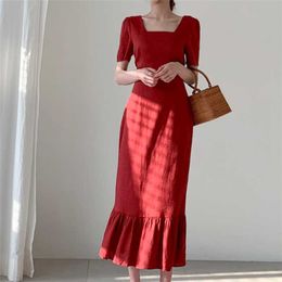 Summer Women Dress Vintage High Waist Square Collar Casual Cotton and Linen Lace Up Bow Short Sleeve Midi Long 210529