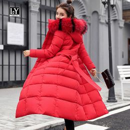 LY VAREY LIN Winter Women Plus Size Cotton Coats Korean Style Sashes Tie Up Big Fur Collar Long Hooded Padded Jackets 210526