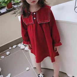 Humor Bear Spring Children'S Clothing Girls Long-Sleeved Lapel Button Korean Autumn College style Princess Dress 210625