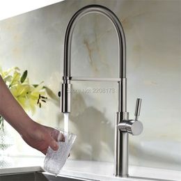 Polished Chorme Or Nickel Brushed Pull Dowm Kitchen Sink Faucet Deck Mounted And Cold Water Dual Sprayer Kitchen Faucet 211108