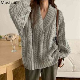 Big V-neck Twisted Knitted Women Pullover Sweater Winter Lantern Sleeve Loose Fashion Ladies Streetwear Tops Jumper Mujer 210513
