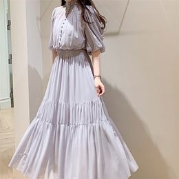 Stand Collar Puff Sleeve Pleated Dress Spring Chic Button Design Women Dresses Japan Style Sweet Office Lady Slim Waist Robe 210623