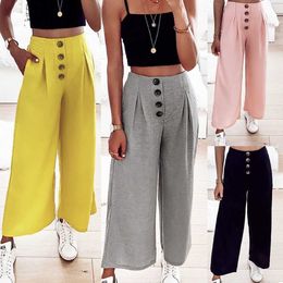 Streetwear Women Solid Pants Casual Wide Leg Button Decor Pocket Elastic Waist Summer Pants Female Loose Trousers 2019 Q0801