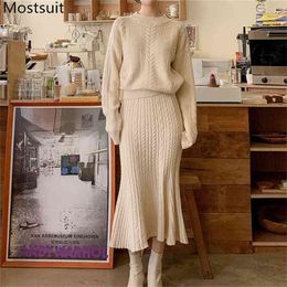 Twisted Knitted Warm Thick Two Piece Set Women Spring Sweater + Pencil Skirt Outfits Korean Fashion Elegant 210513