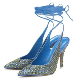 Tacco da 10 cm in stile Lady High 2024 vere vere sandali in pelle vera sandali puntati con lace-up con scarpe estate in raso party saccheggio legato a croce taglia diamante 34-46 blu scuro 162 5293780