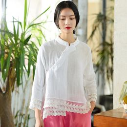 Johnature Women Cotton Linen Embroidery Shirts Vintage Patchwork Lace Tops Chinese Style Stand Long Sleeve Button Blouses Tops 210521