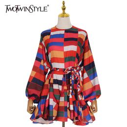 TWOTWINSTYLE Hit Color Printed Dress For Women O Neck Lantern Sleeve High Waist Lace Up Bowknot Mini Dresses Female Fashion 210517