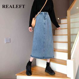 Spring Summer Women's Denim Straight Long Skirts Vintage Elastic Waist Back Split Jeans Female Pockets 210428