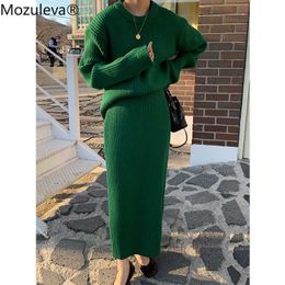 Mozuleva Women Knitted 2 Pieces Set Office Ladies O Neck Green Pullover + High Elastic Waist Bodycone Skirts Suit Sweater Sets 211119