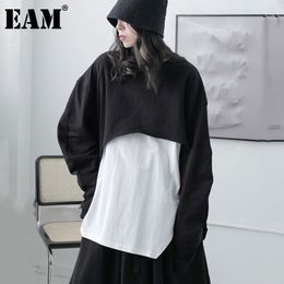 [EAM] Loose Fit Black Asymmetrical Casual Sweatshirt Hooded Long Sleeve Women Big Size Fashion Spring Autumn 1DD7354 21512